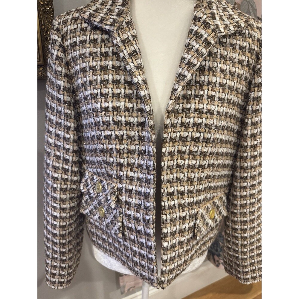 NWOT Ladies Chico's Basket Weave Jacket Size 1 Medium 10 Brown White Tan